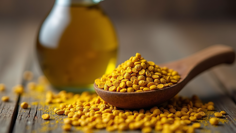 Close-up view of a bottle of mustard oil with mustard seeds