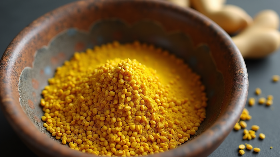 Eye-level view of a small bowl filled with mustard oil next to fresh mustard seeds