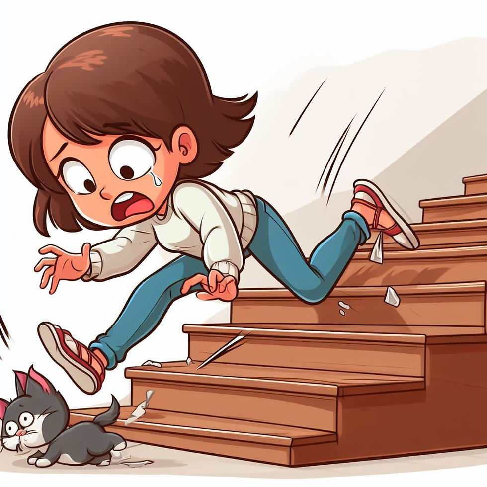 woman tripping over cat on the stairs