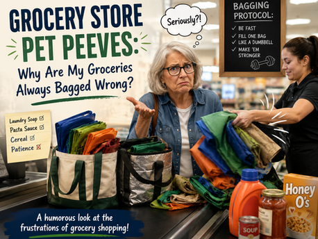 a woman frustrated that her groceries are bagged wrong