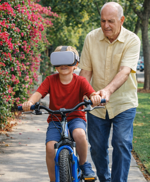 young boy riding bike with virtual reality goggles and grandpa guiding the bike - created by ChatGPT 3/14/2026