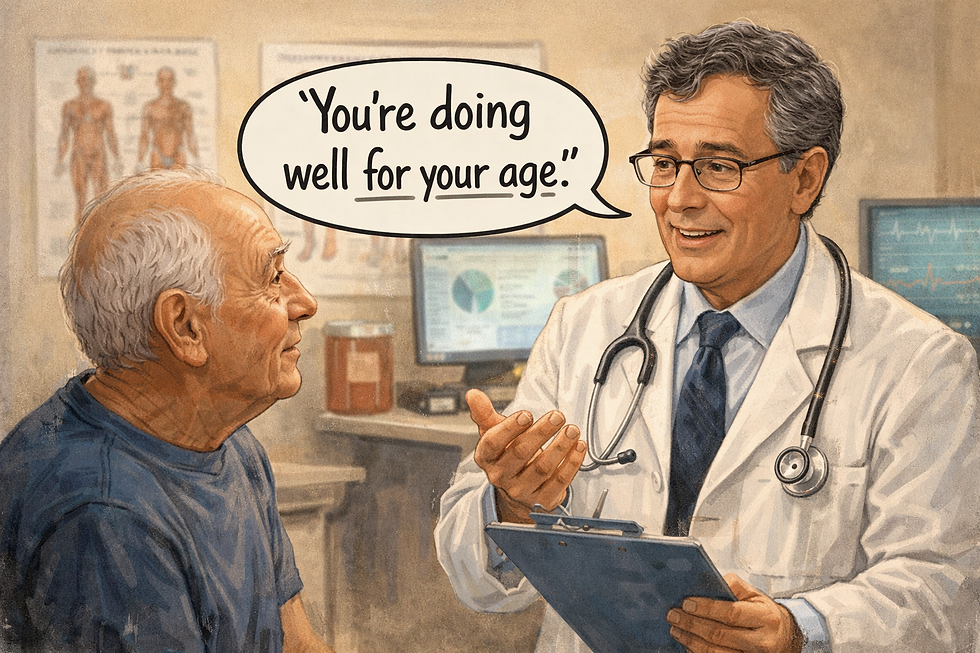 Doctor telling older patient you're doing well for your age. created by ChatGPT 3/29/26
