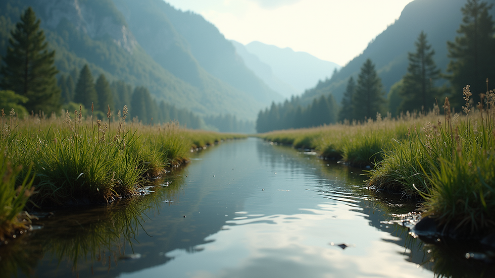 Eye-level view of a serene landscape with a calm river