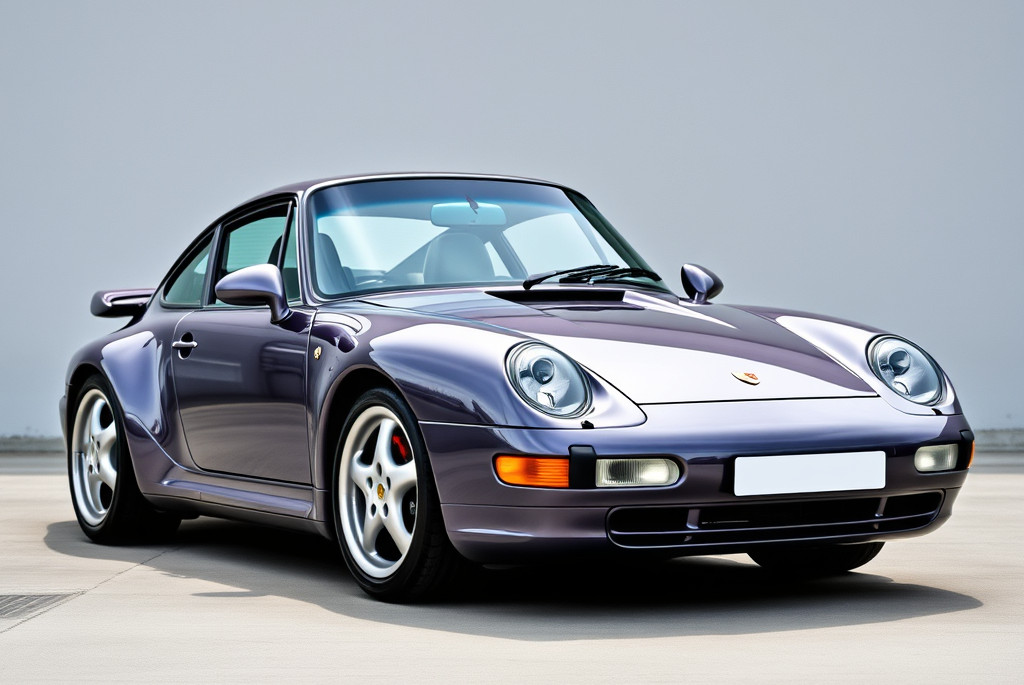 Driver-side view of a Porsche 993 parked on a quiet winding road with the rear decklid open.
