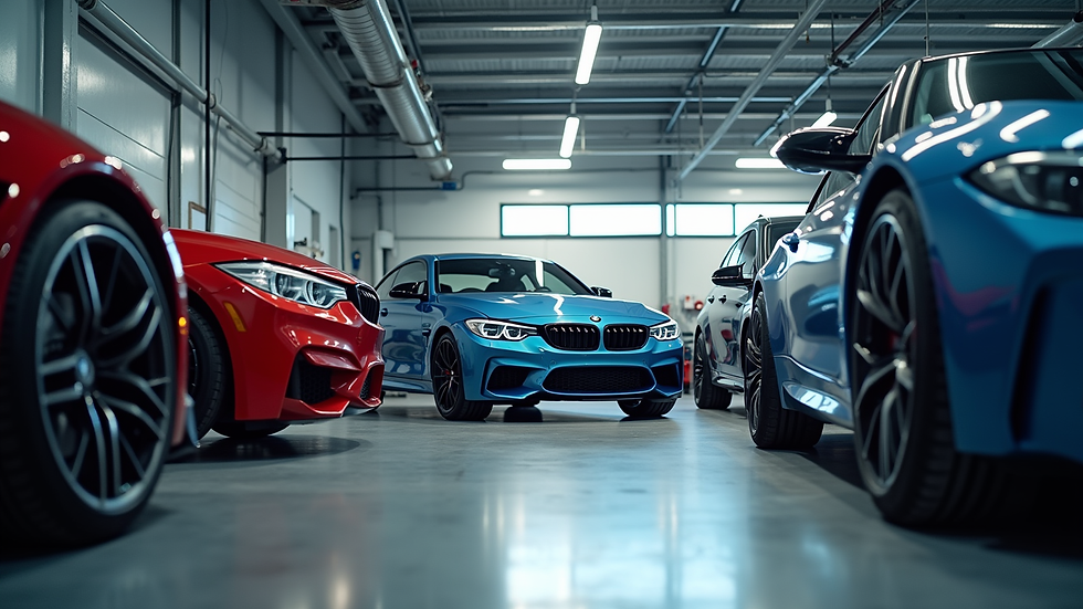 Eye-level view of a workshop with BMW cars and performance parts