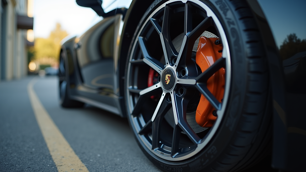 Close-up view of lightweight alloy wheel on Porsche 991