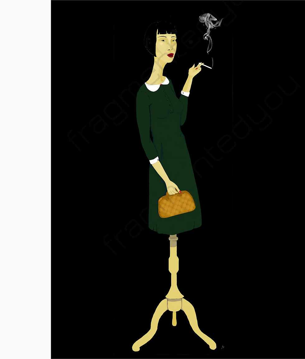 mature elegant asian looking older woman smoking, wearing a dark green dress holding a purse legs of mannequin solid black bg