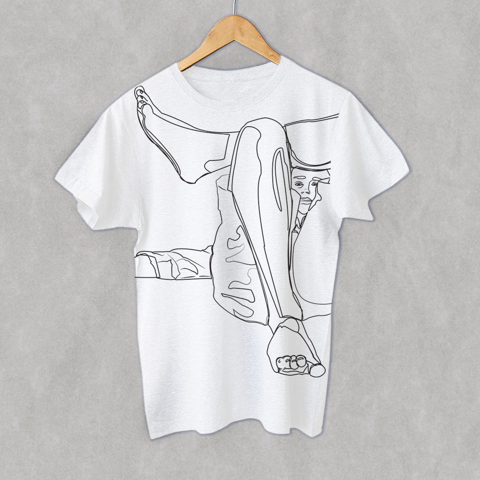 printed Tee front a line drawing of a guy