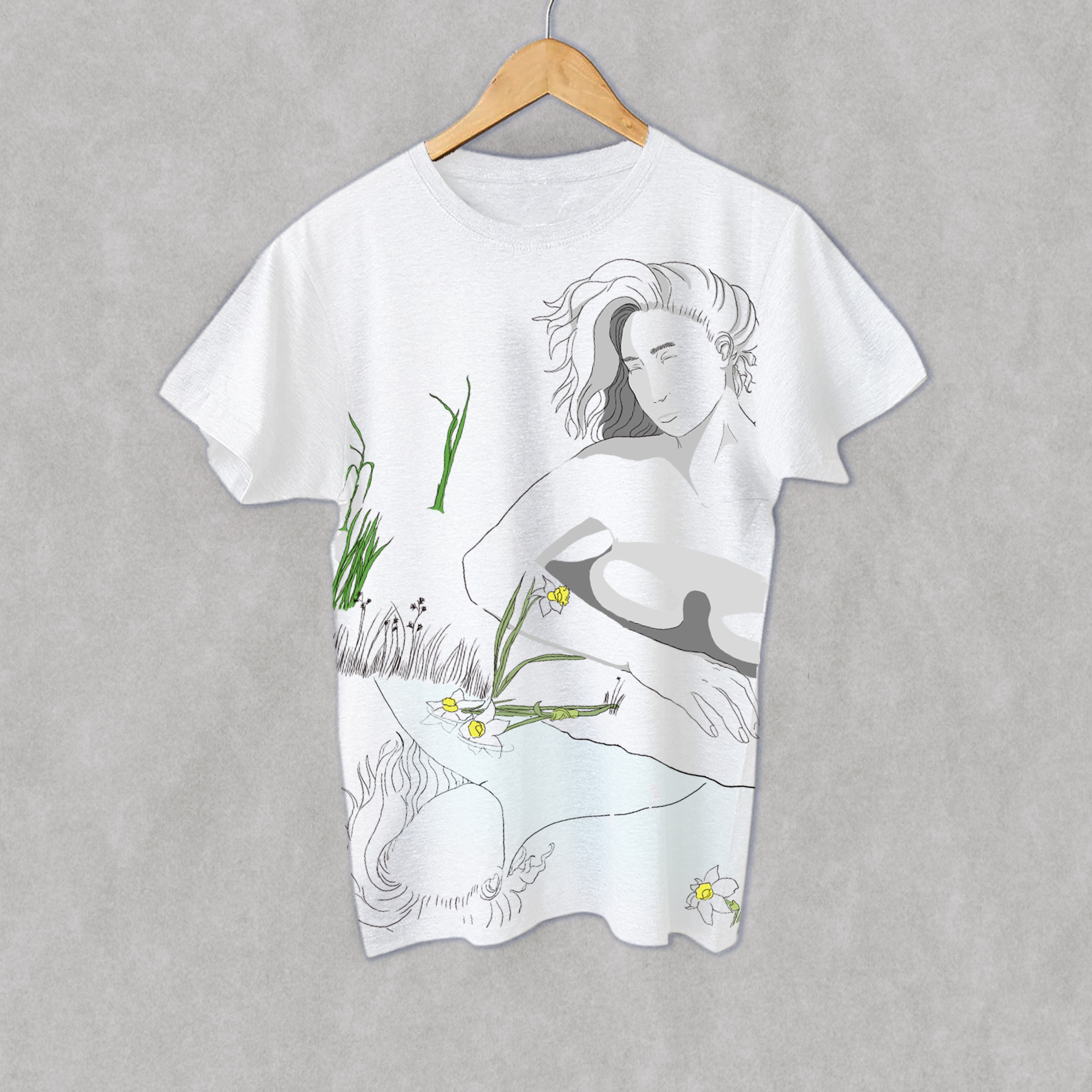 printed Tee front a drawing of a naked woman laying nexyt to a pond looking at her reflection