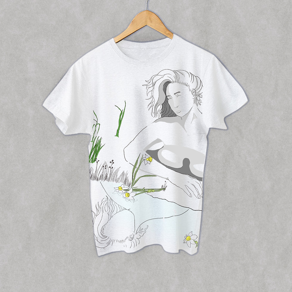 printed Tee front a drawing of a naked woman laying nexyt to a pond looking at her reflection