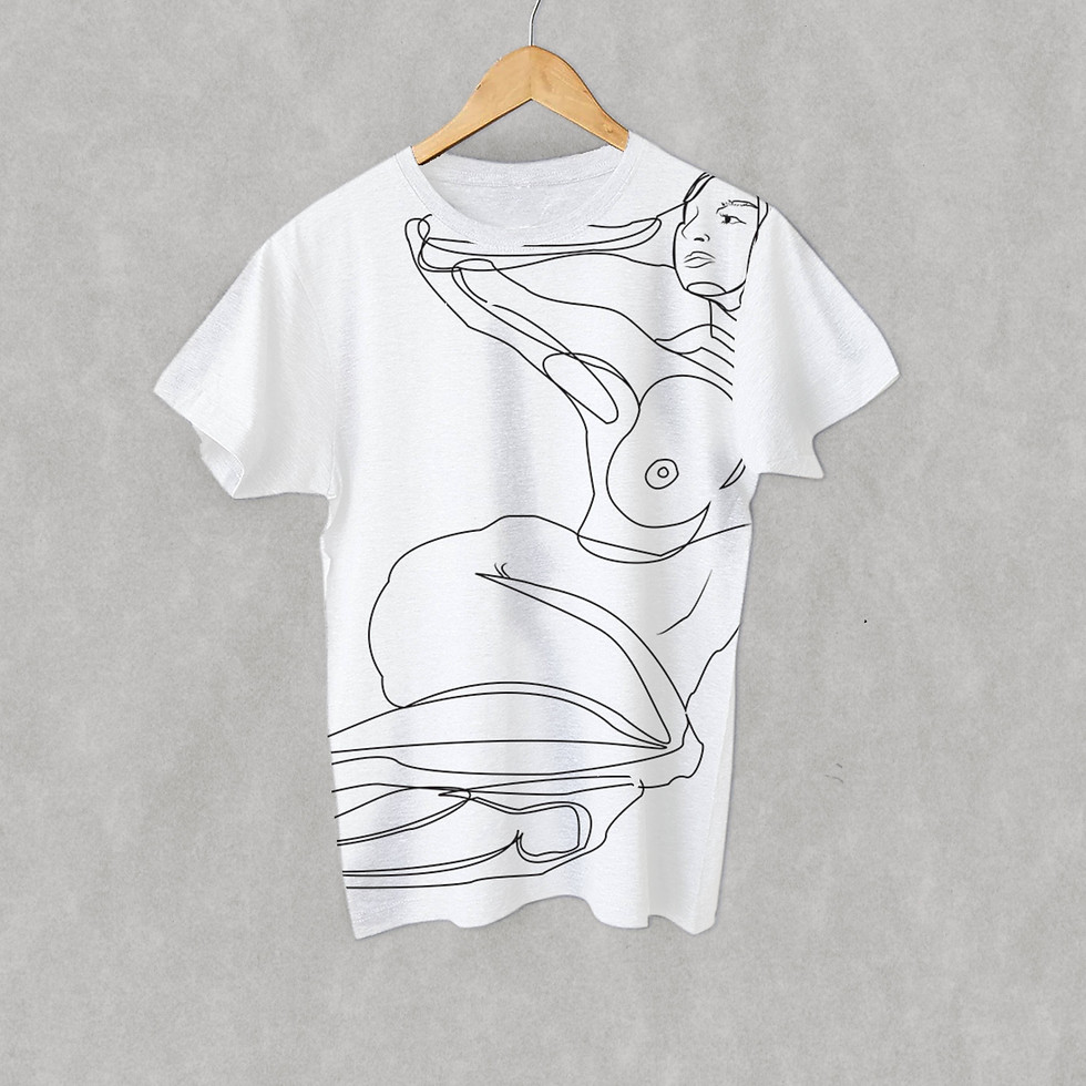printed Tee front a line drawing of a woman posing nude