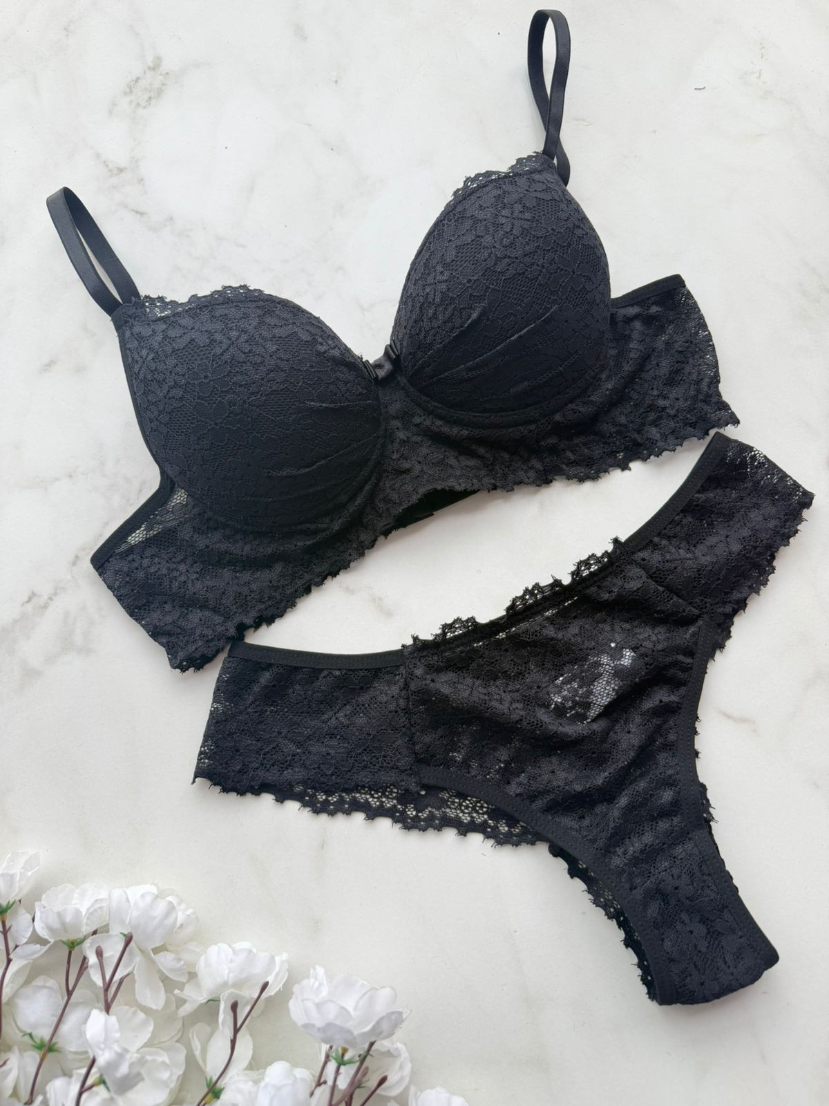 conjunto rendado com bojo milena – preto – tamanhos p, m, m, g e gg