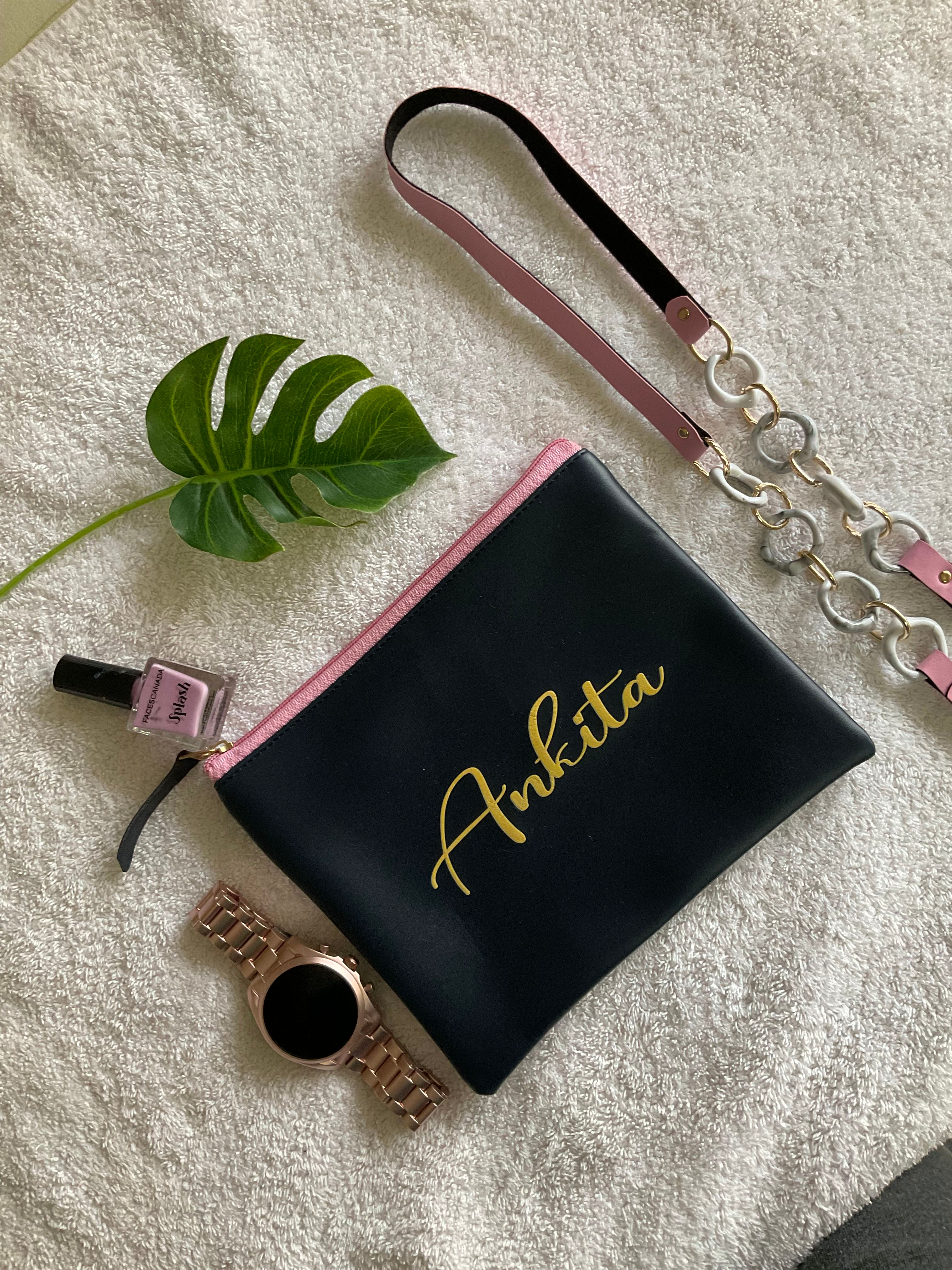 Navy Blue Faux Leather Flat Pouch