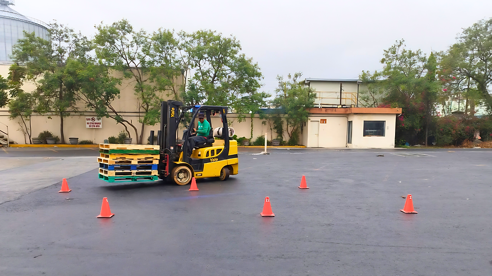 Montacargas amarillo transporta palets apilados en un patio con conos de seguridad. Al fondo, árboles y un edificio pequeño.