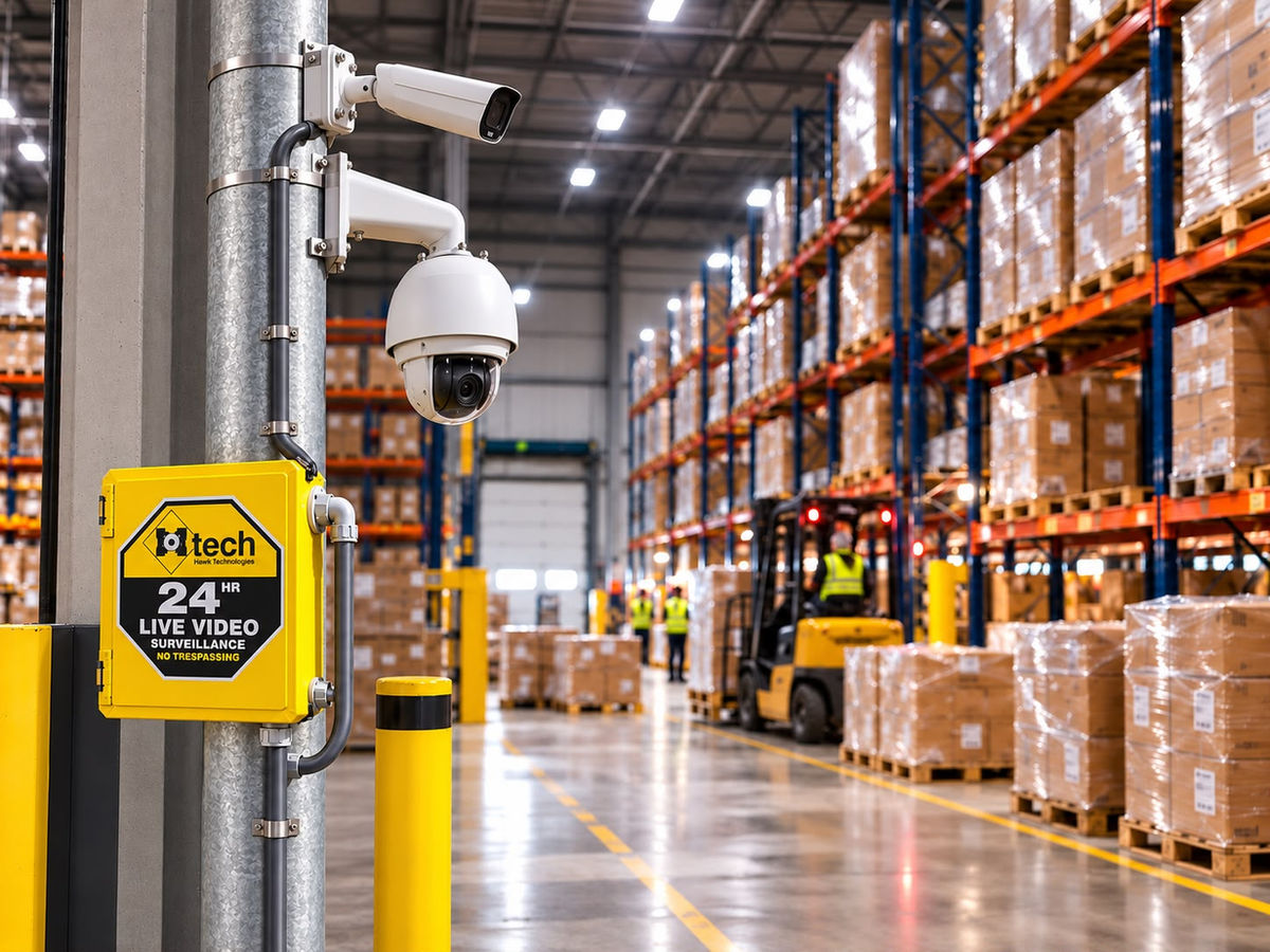 Camera pole with a live video surveillance sign inside a warehouse aisle with racking and a forklift