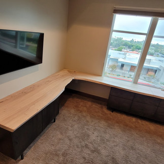 white waxed dutch elm live edge corner desk