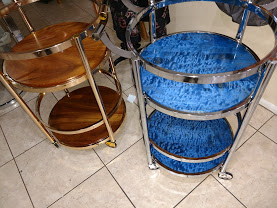 vibrant blue exotic wood chrome bar cart