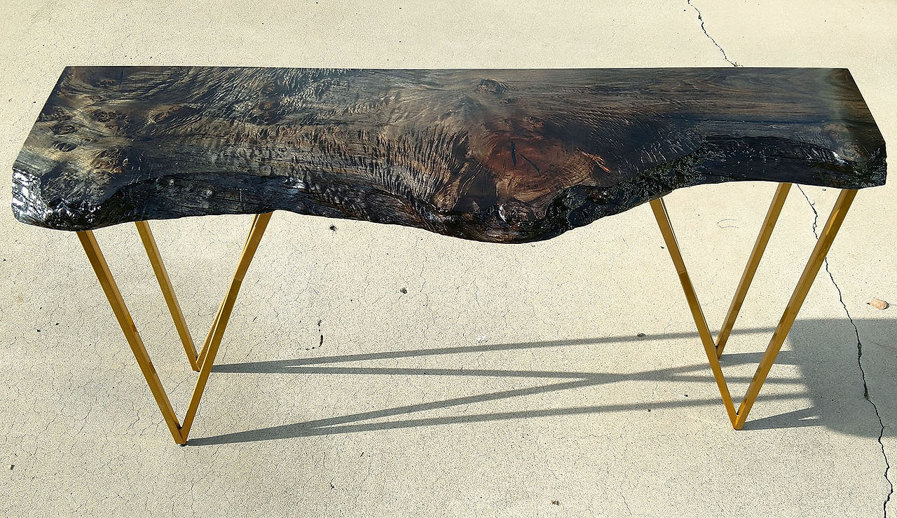 black and gold ebonized Maple live edge console