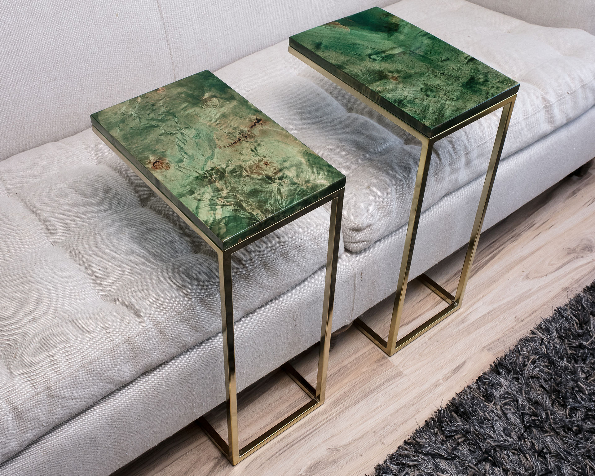 Emerald Green Maple wood Brass rosegold couch Tables
