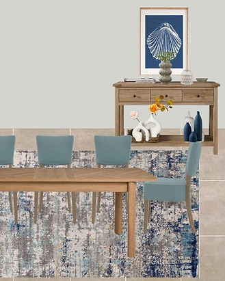 E-design mood board featuring coastal colors of different blues and wood furniture