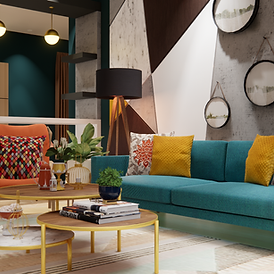 interior rendering with sketchup and enscape, teal sofa, orange lounge chair, boho themed interiors