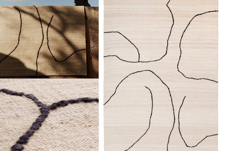 Collage photo of a beige textured rug with brown curve accents