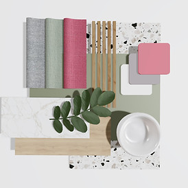 material board of a pink green theme cafe with neutral colors Wonder Grace Studio