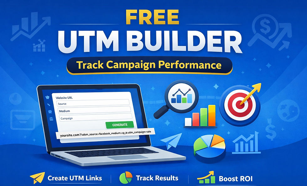 Free UTM Builder by Marcitors showing campaign tracking dashboard, URL generator, analytics charts, and tools to improve marketing performance and ROI