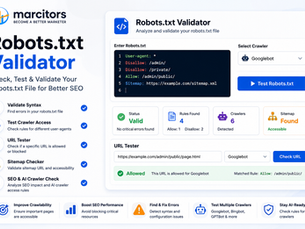 **Alt text:** Marcitors Robots.txt Validator for checking robots.txt syntax, crawler access, URL rules, sitemap configuration, and SEO crawlability.