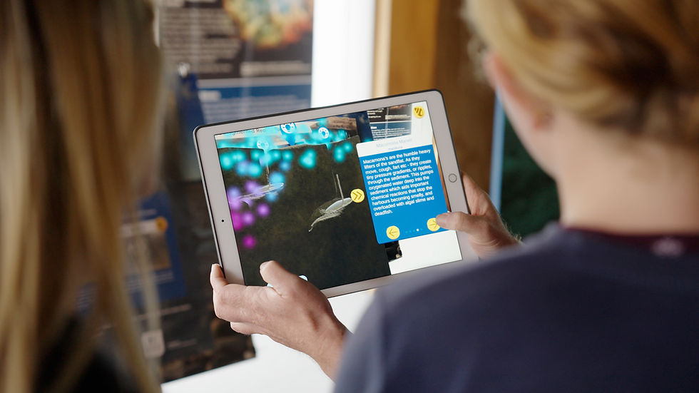 Two people view a tablet showing an AR marine exhibit with blue info panels and text about Macomona in the Marine Discovery Center in Leigh