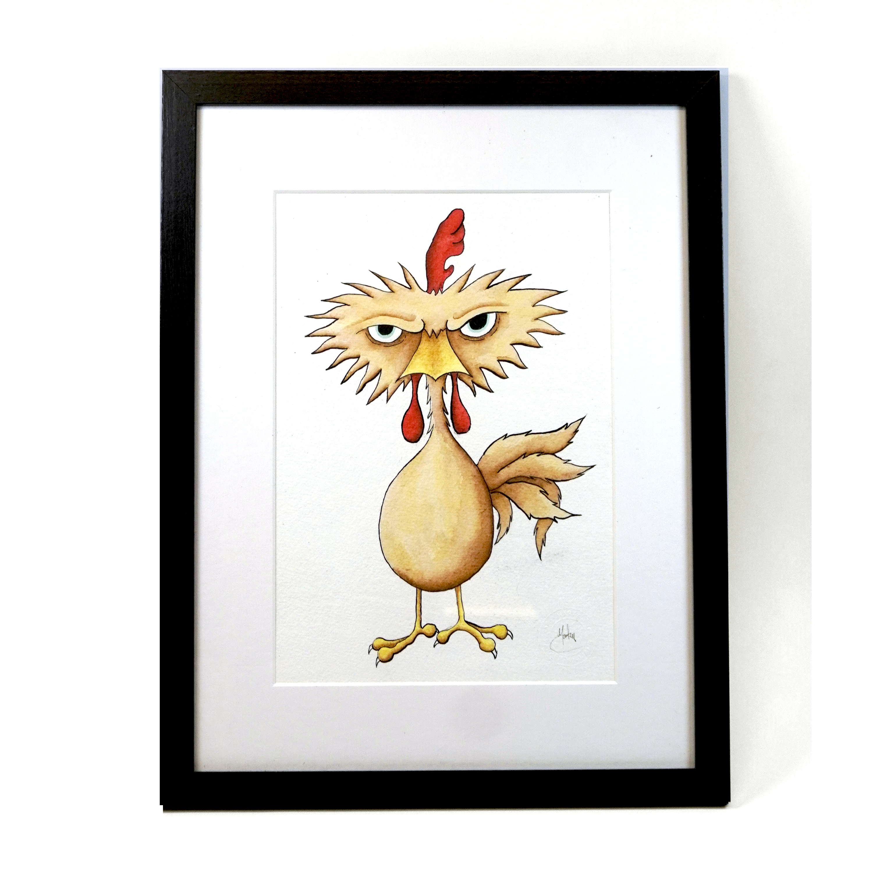 Eggbert the Enraged Cockerel – "Sunburst" | Original Ink Painting, Framed A4