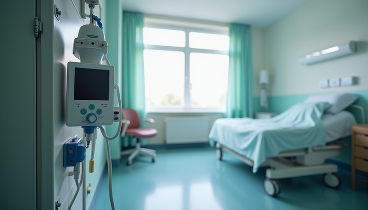 Nahaufnahme eines medizinischen Beatmungsgeräts in einem häuslichen Pflegezimmer