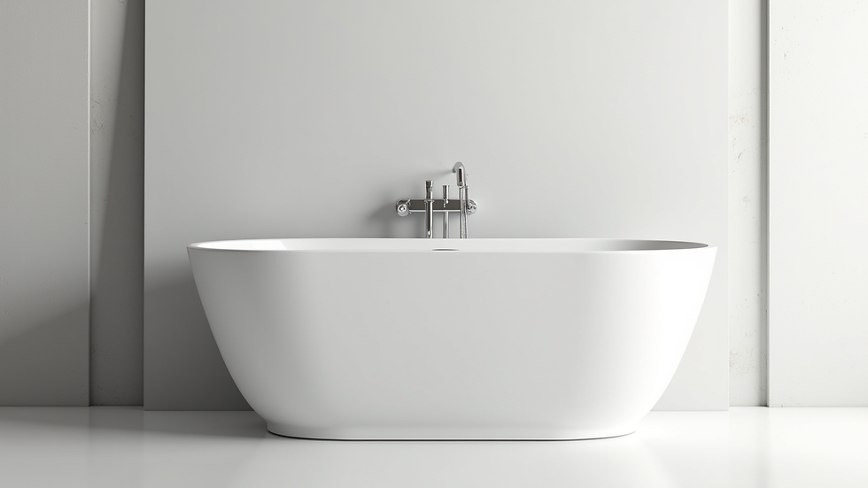 Eye-level view of a white standalone bath panel leaning against a wall