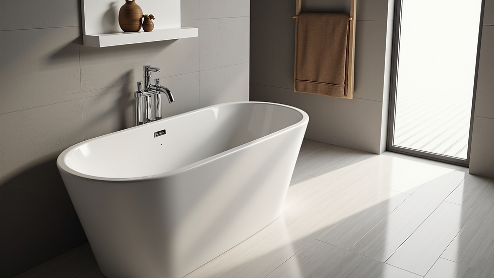 High angle view of a modern bathroom with a stylish custom bath panel