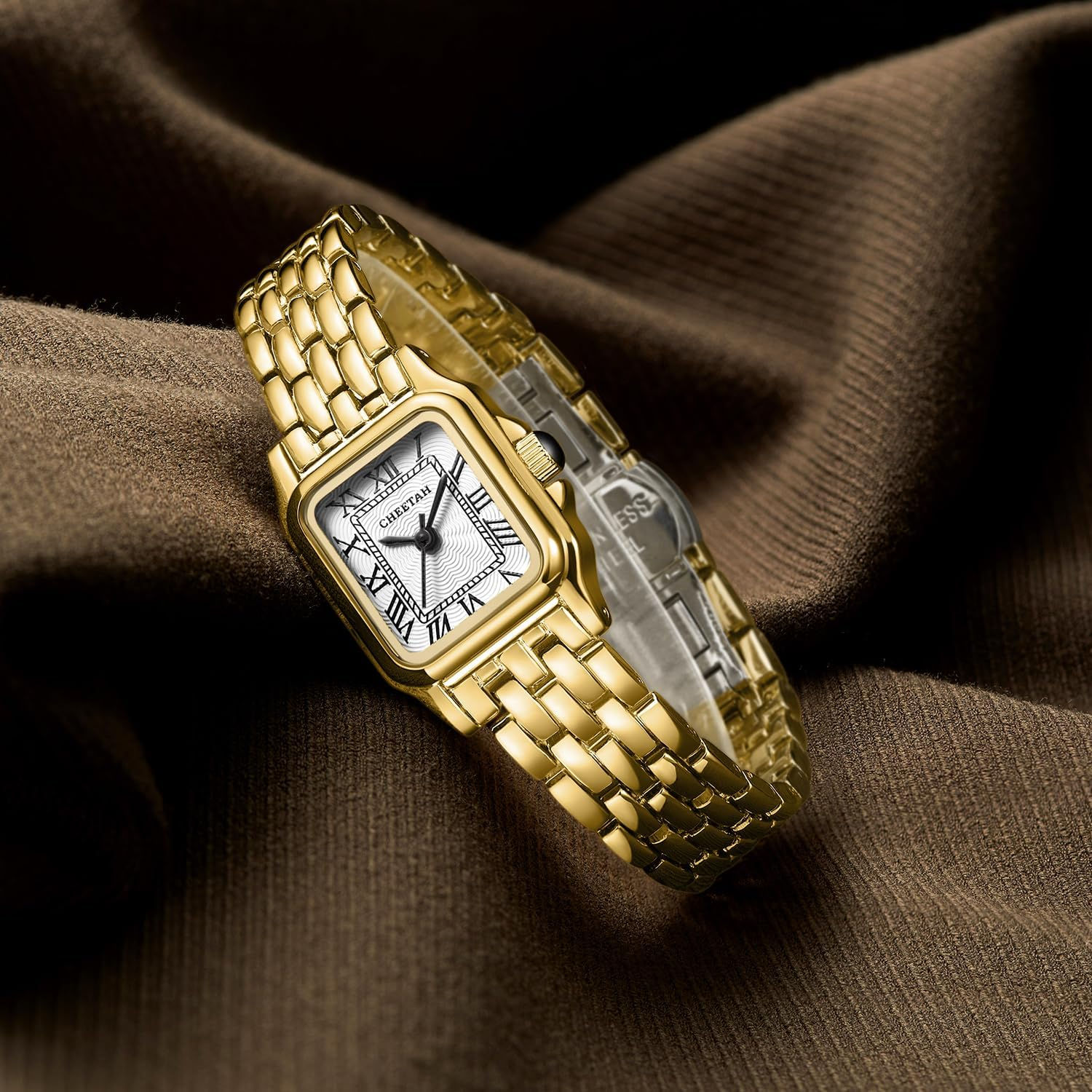 CHEETAH Gold Watches for Women with Small Vintage Bracelet, Rectangular Case Rom