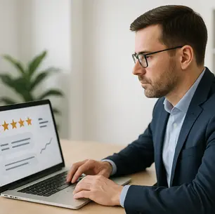 MeerMago marketingmanager bekijkt zakelijke reviewresultaten op laptop voor reputatiemanagement.