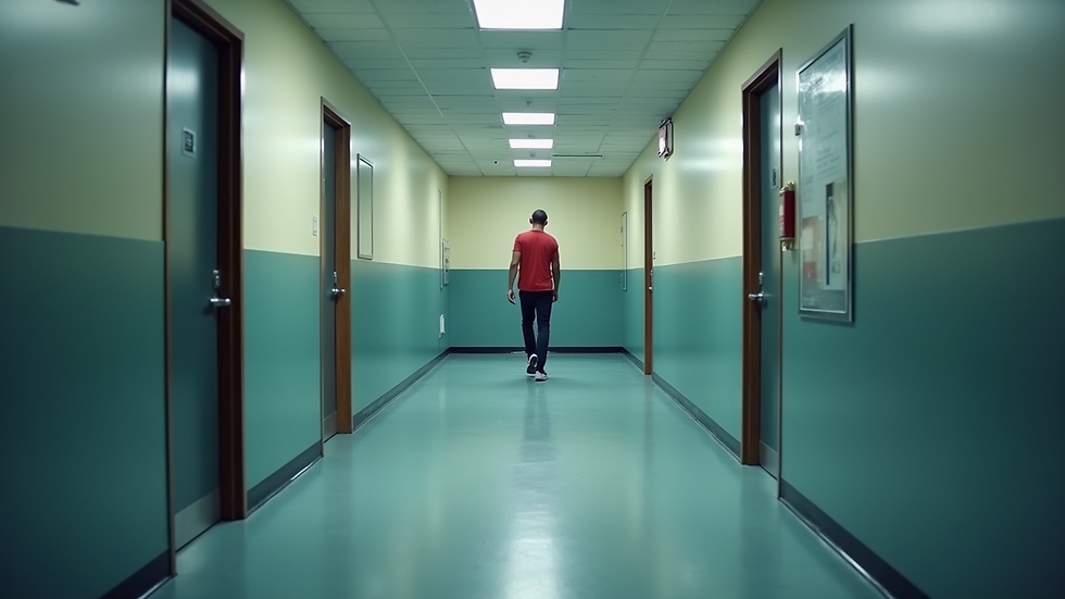 Eye-level view of a person practicing emergency evacuation procedures