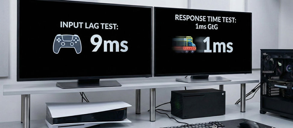 Two gaming monitors displaying input lag and response time measurements with a PlayStation 5,  Xbox Series X and PC setup