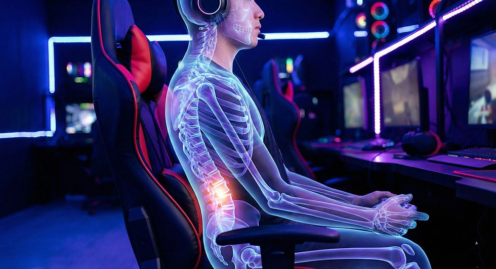 Gamer sitting in an ergonomic racing-style gaming chair with visible spine alignment overlay showing lumbar support and proper posture in a modern neon-lit gaming setup