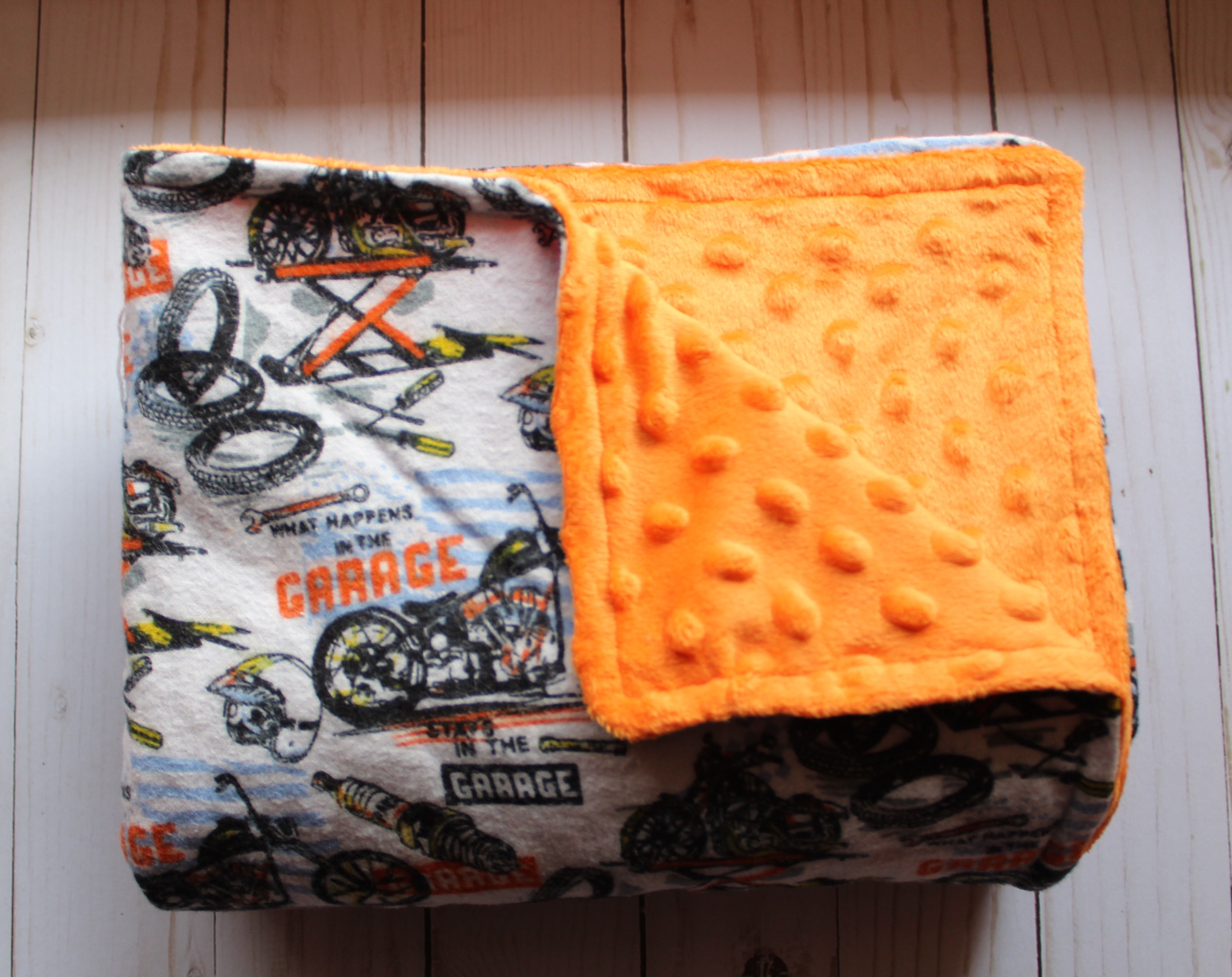 Motorcycle Garage print with Orange Minky