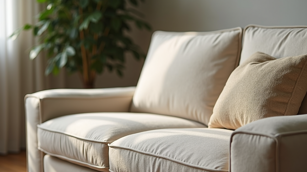 Close-up of a sustainable sofa with natural fabric upholstery