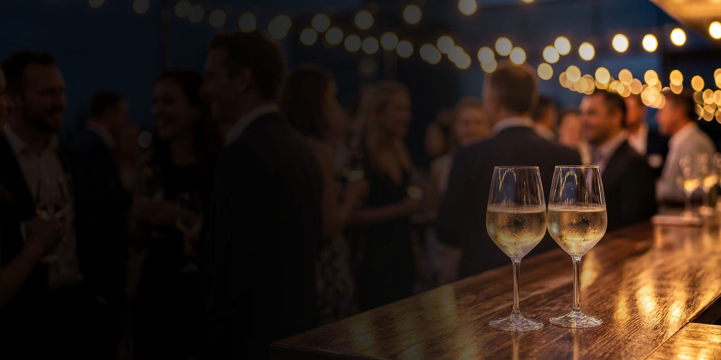 Two white wine glasses on a bar at a night event