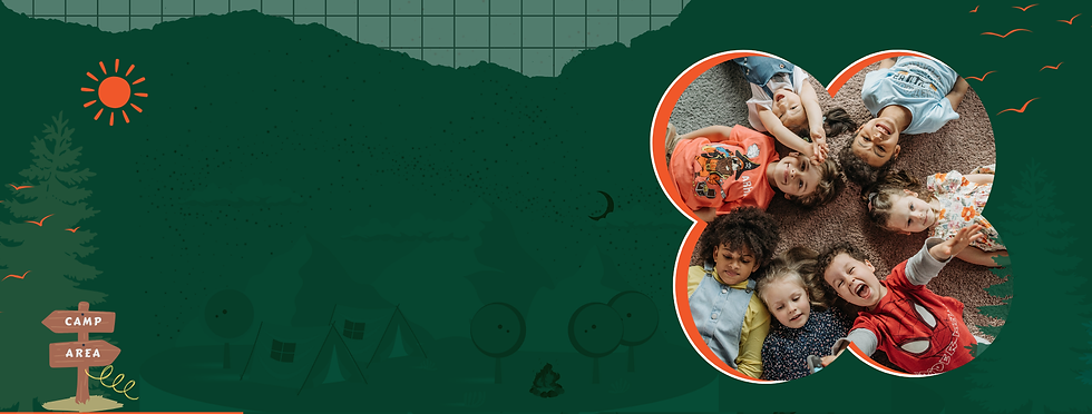 A cheerful group of children lying in a circle on a cozy carpet, surrounded by a vibrant c