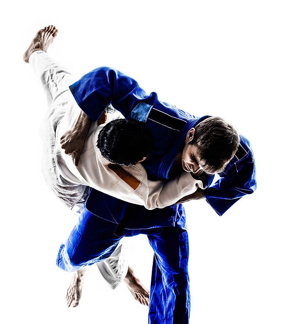 A judoka wearing a blue gi executes a dramatic throw against an opponent in a white gi, se