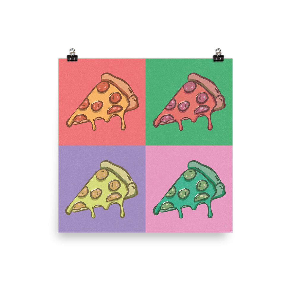 Thumbnail: Pop art print featuring four colorful pizza slice illustrations. Each slice is depicted on a different colored background: re