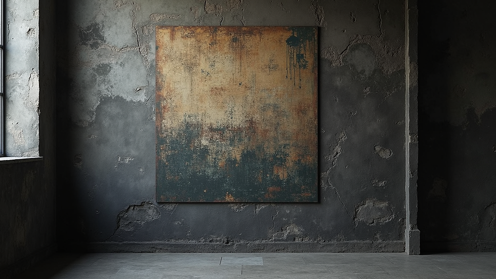 Eye-level view of a grunge style wall art with layered textures and dark tones