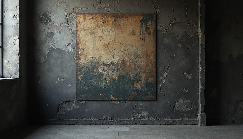 Grunge art style wall decor with dark textures, distressed type, and bold graphic elements