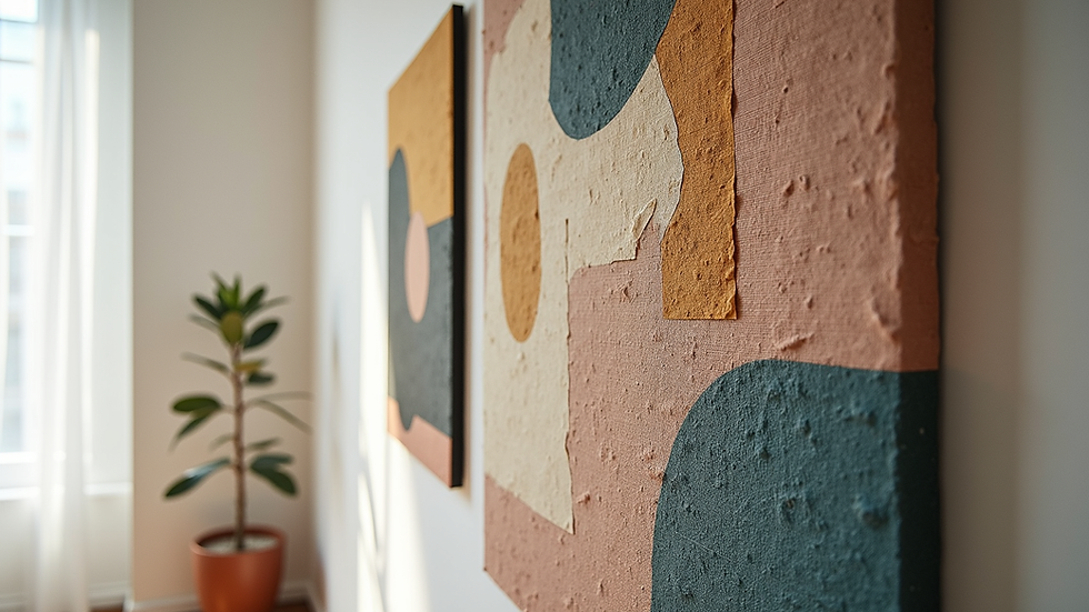 Close-up view of a modern collage wall art with layered textures and abstract shapes