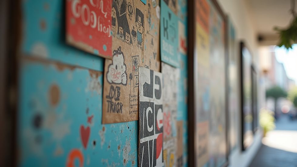 Close-up of modern collage wall art with mixed media and urban themes