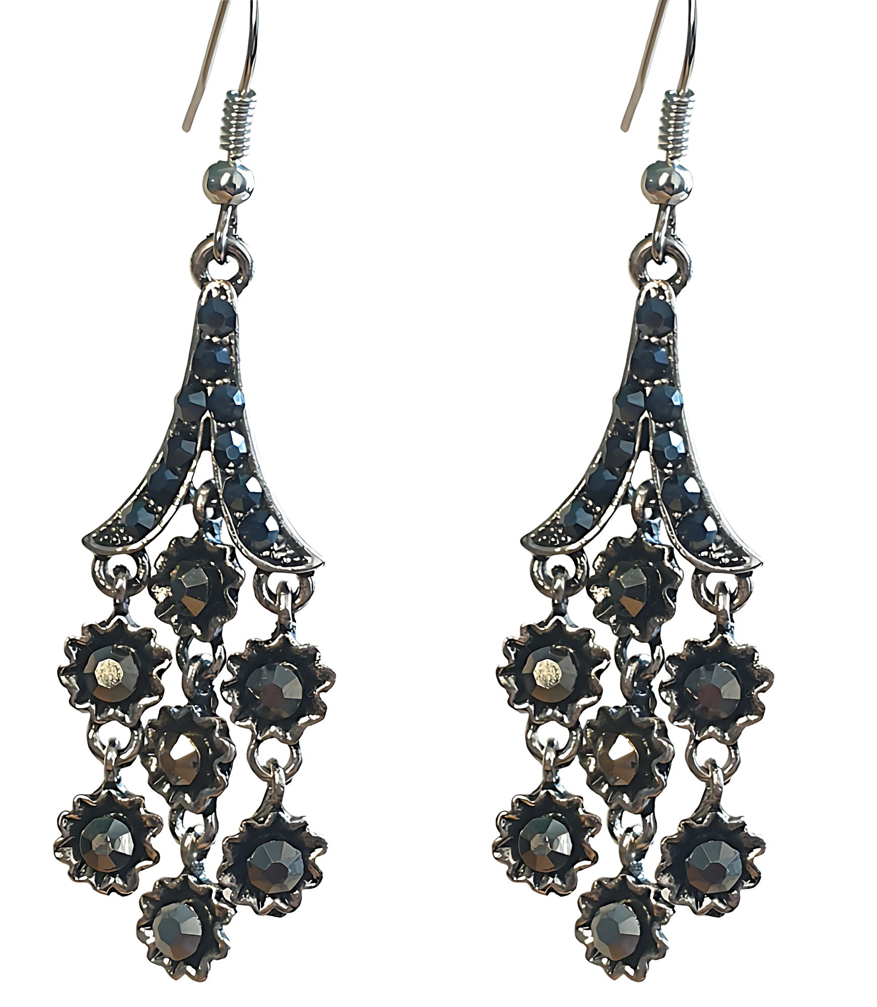 Silver Triangle Plate Multi Color Rhinestone Gem Dangle Earrings